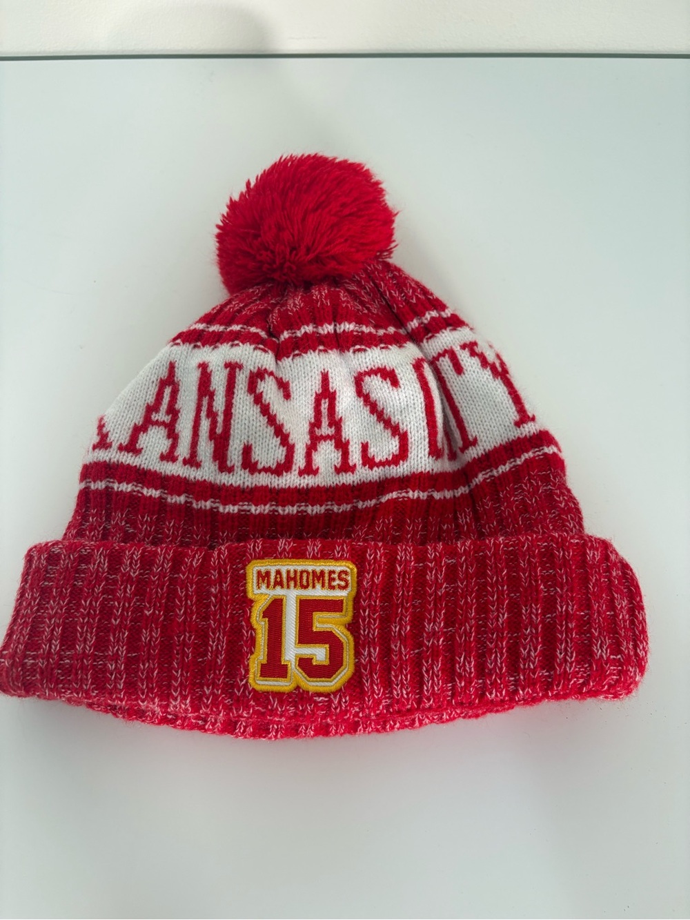 Kansas City Red Pom Pom Knit Beanie with '15' Patch